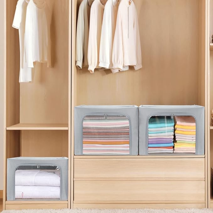 Clothes Storage Box Bins Stackable Foldable Organizer,Sturdy Handles with Metal Frame for Clothing Bedding Shelves,Closet Container with Clear Window Zipper and Label Holder (Gray, 66L x3 Pack)-NeatNest