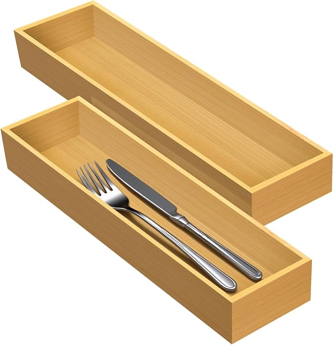 Bamboo Drawer Silverware Organizer, Flatware Organizers, Multi-purpose Bamboo Storage Box for Kitchen, Offices and Dressing table 11.5" x 3.15" x 1.8" (Set of 2)-NeatNest