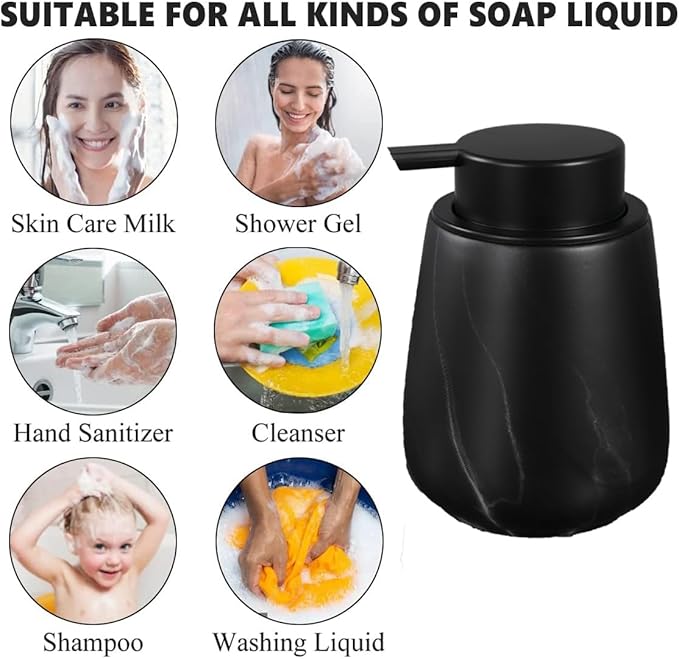 12Oz Ceramic Liquid Soap Dispenser - Modern Lotion Hand Soap Dispenser with Easy-to-Press Black Pump, Reusable and Refillable Dish Soap Dispensers for Bathroom & Kitchen, Marble Black-NeatNest