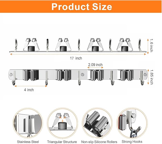 Mop and Broom Holder Wall Mount, Upgraded Broom Organizer Wall Mount, Stainless Steel Broom Hanger Wall Mount for Home Kitchen Garden Laundry Garage (4 Racks with 5 Hooks Silver)-NeatNest