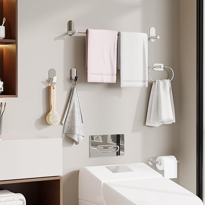 Adhesive Towel Hooks for Bathrooms 4 Pack Polished Chrome Stainless Steel and Zinc Alloy Sticky Wall Hooks for Hanging Heavy Duty Self Adhesive Robe Shower Hanger for Kitchen, Closet, Cabinet, Door