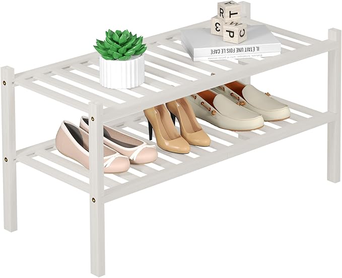 2 Tier Bamboo Shoe Rack for Closet Free Standing Wood Shoe Shelf for Entryway Small Space Stackable 27"x11"x13" (White)-NeatNest
