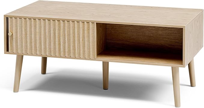 Coffee Table with Storage, Boho Dining Table with Sliding Fluted Door and Solid Wood Legs, Small Coffee Tables for Living Room, Oak-NeatNest