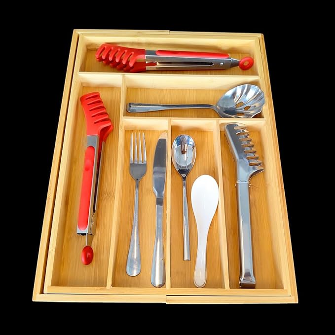 Adjustable Bamboo Drawer Organizer, Expandable Silverware Drawer Organizer, Large Cutlery Tray with Wooden Drawer Dividers for Flatware Organizing Kitchen Utensils Holder (6-8 Slots, Natural)-NeatNest