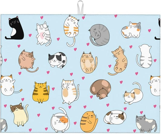 Cute Cat Dish Drying Mat 18 x 24 Inch for Kitchen Counter Cute Kitchen Mat Microfiber Kitchen Countertop Absorbent Reversible Drainer Rack Pad Dish Drying Mat-NeatNest