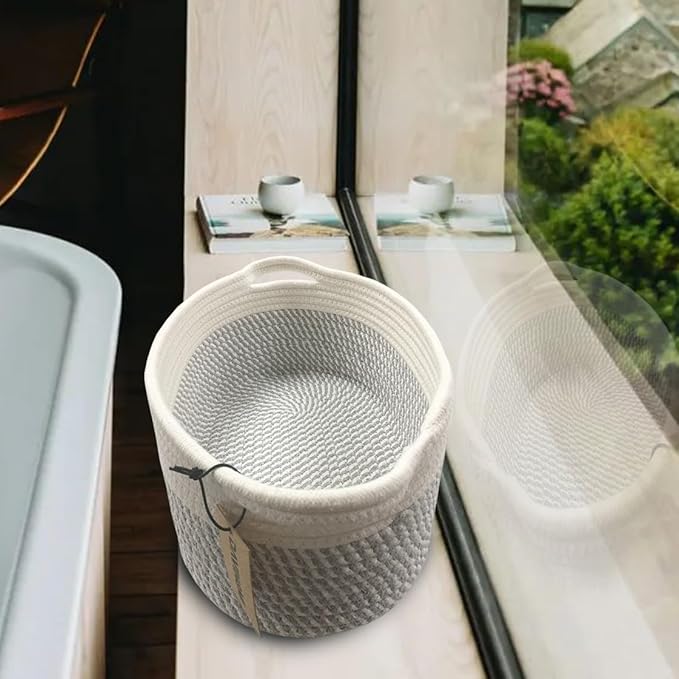2PACK Medium Oval Decorative Storage Basket Set for Organizing|Nursery, Bedroom, Gift (White Grey)