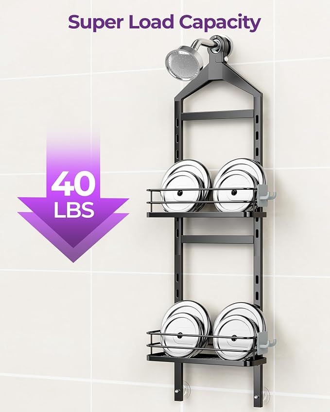 ODesign 2 Tier Height-Adjustable Shower Caddy Hanging Anti-Swing-Over The Shower Head Caddy Storage Organizer Bathroom Shelves Basket-Black