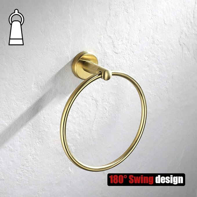 JQK Towel Ring Brass Gold, 304 Stainless Steel Hand Towel Holder for Bathroom, Brushed Gold Wall Mount, TR130-BG