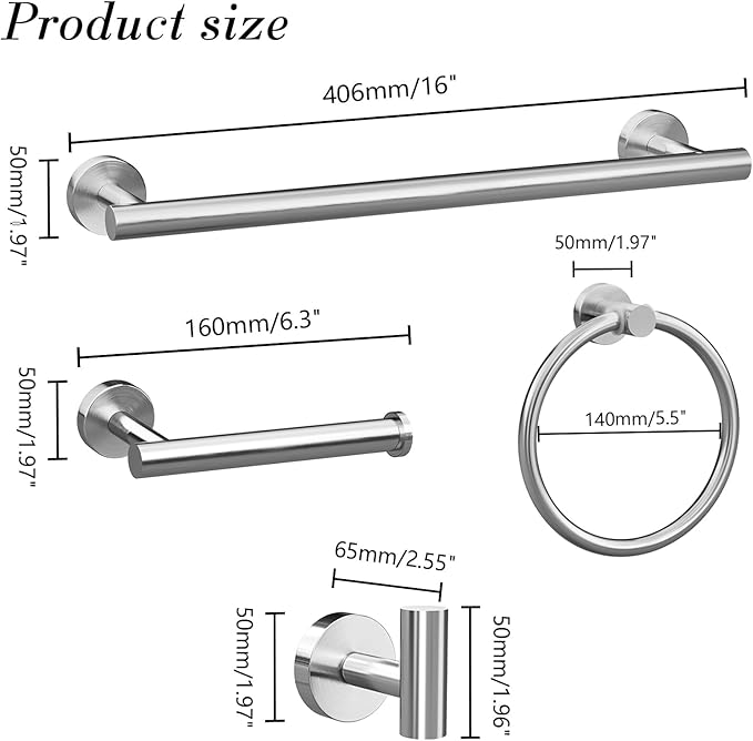 Bathroom Hardware Towel Bar Set -Brushed Nickel Bathroom Accessories Set - Including 16" Hand Towel Bars - Toilet Paper Holders - Towel Rings - Robe Towel Hooks.