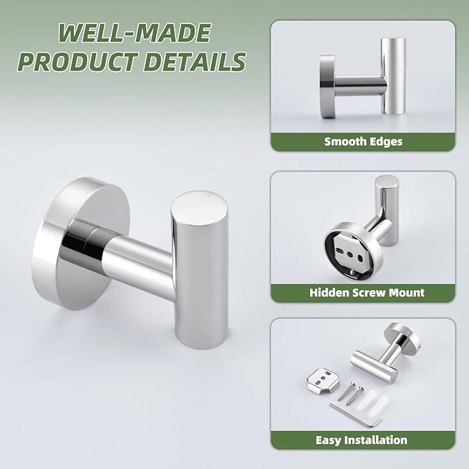 APLusee Polished Chrome Towel Hook, 304 Stainless Steel Heavy Duty Robe Hook, Wall Mounted