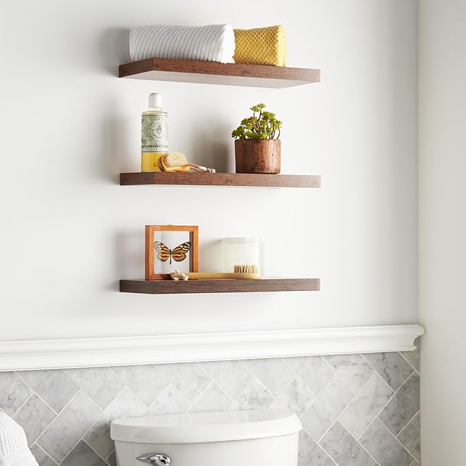 BAYKA Floating Shelves for Wall, 22.5 inches Wall Mounted Rustic Wood Shelves for Bathroom, Bedroom, Living Room, Floating Shelves for Books/Storage/Decor(Rustic Brown,Set of 3)-NeatNest