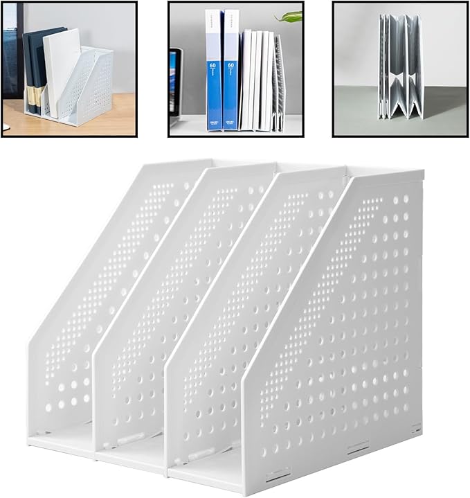 deli Collapsible Magazine File Holder 3 Vertical Compartment Binder Holder for Desk Organizer Adjustable Sturdy Binder Storage Organizer for Office School Home (Light Grey)-NeatNest