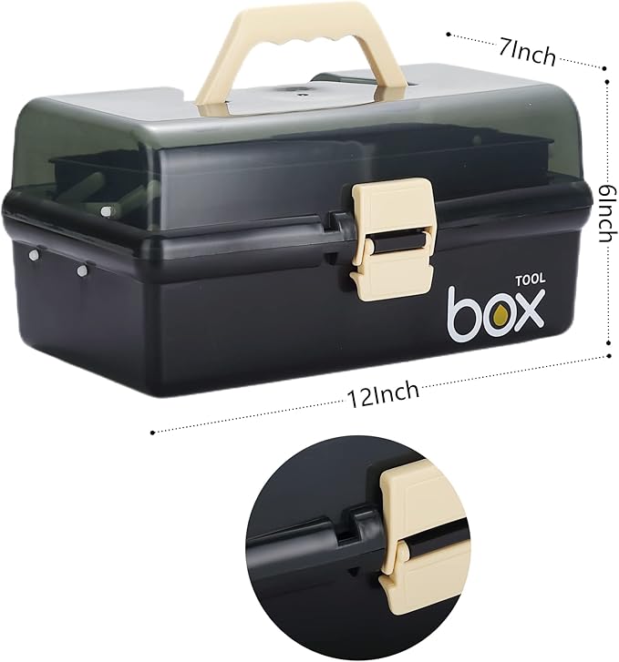 12'' Three-Layer Clear Plastic Storage Box/Tool Box, Multipurpose Organizer and Portable Handled Storage Case for Art Craft and Cosmetic (Black)