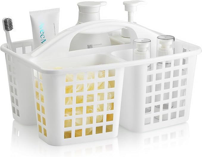 3 Compartments Plastic Shower Caddy Basket, Portable Divided Cleaning Supply Storage Organizer with Handle (White)-NeatNest