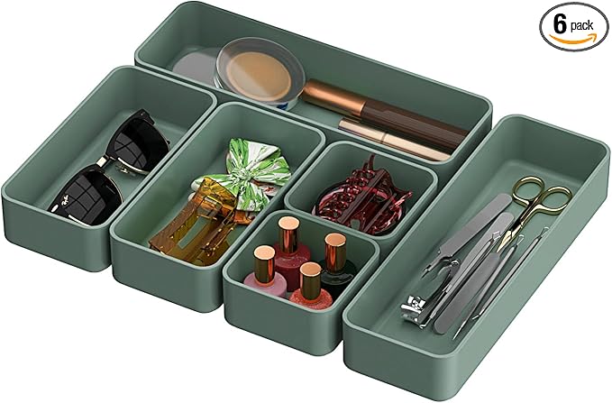 CHANCETSUI 6 PCS Stackable Drawer Organizers Set, Versatile Desk and Vanity Drawer Organizer Trays, Storage Bins for Makeup, Bathroom, Bedroom, Kitchen and Office, Green-NeatNest