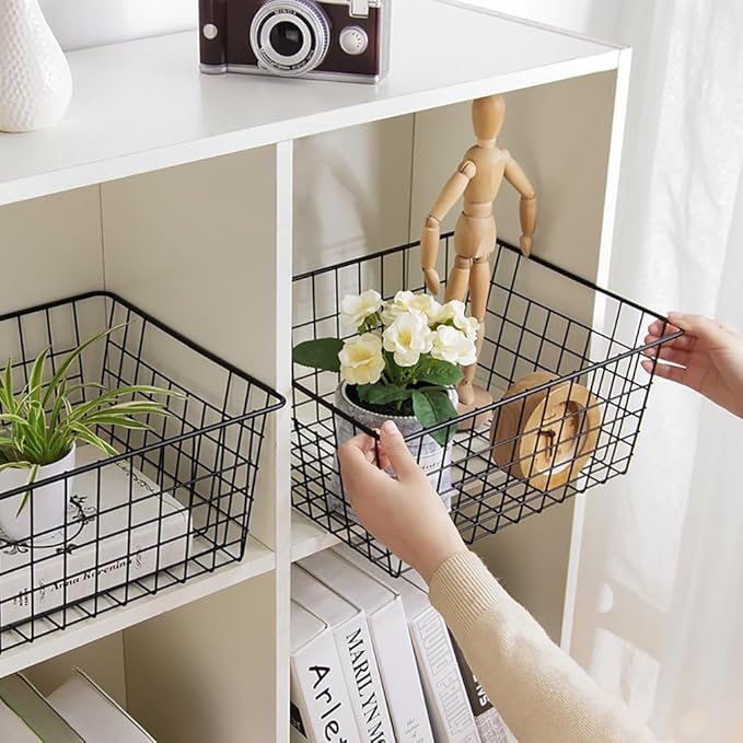 Kitchen Wire Baskets Farmhouse Decor Metal Food Storage Organizer, Household Refrigerator Bin with Built-in Handles for Cabinets,Pantry Set of 2 Black