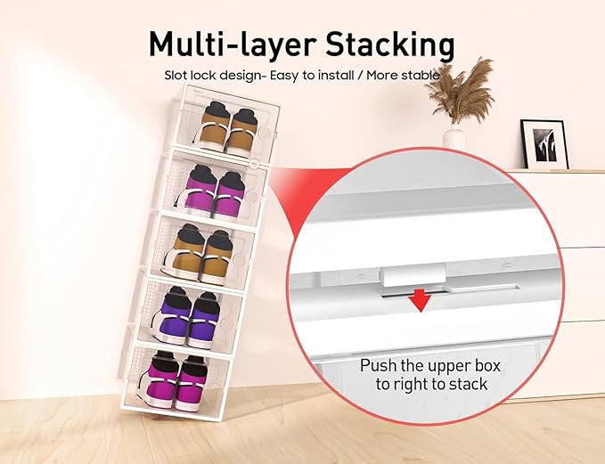 Kuject XX-Large Shoe Storage Boxes Organizers Clear Plastic Stackable 12 Pack, Shoe Rack & Holder Substitute, Sneaker Containers, Toy Storage Organizer Bins for Entryway, Closet, Under Bed, White-NeatNest