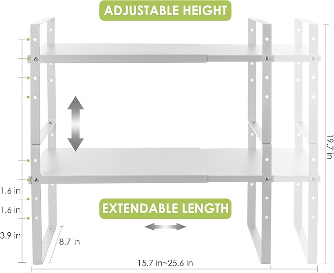 Expandable Cabinet Shelf Organizer Rack, Stackable Kitchen Counter Storage Shelves Stand, Adjustable Height Pantry Shelf Spice Rack (White, 2 Pack)-NeatNest
