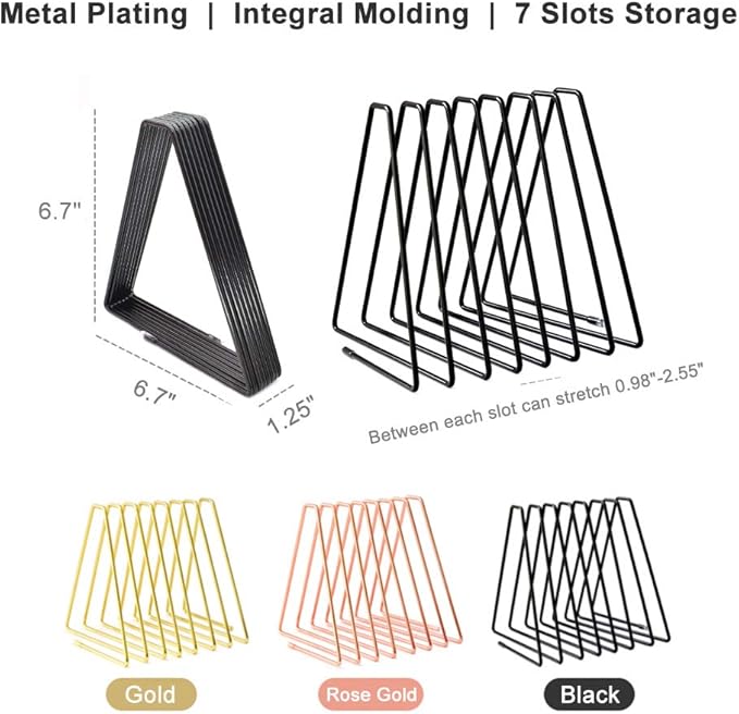 Adjustable 7-Slots Desktop Magazine File Holder, Triangle Metal Wire Book Organizer Rack, File Folder Organizer Sorter, Vinyl/Magazine Storage, Display Rack for Decoration/Office (Black)