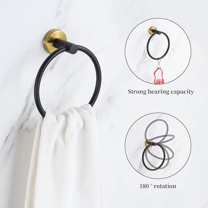 Bathroom Hardware Set Black and Gold,Towel Bar Set Including 2pcs 16inch Towel Bars, 2pcs Toilet Paper Holders, 2pcs Towel Rings and 4pcs Robe Towel Hooks