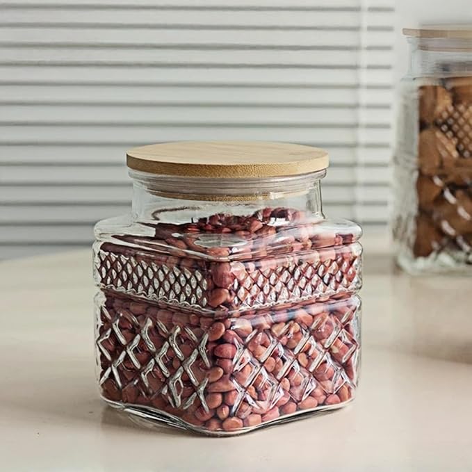 ANSQU Square Glass Jar, Candy Jar with Lid, Glass Food Storage Containers for Ground Coffee, Tea, Sugar, Decorative Mason Jar (Transparent, 20.3oz)