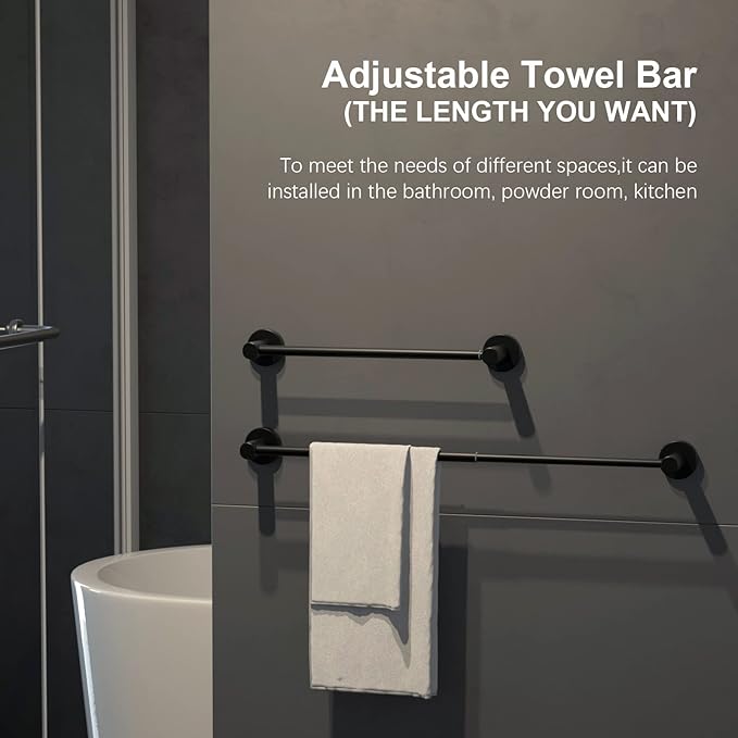 Adjustable Matte Black Bath Towel Bars 16 to 27.6 Inch, iMomwee 304 Stainless Steel Single Towel Rack, Wall Mounted Towel Rail Holder for Bathroom Washroom, Retractable Towel Rod with S Hooks