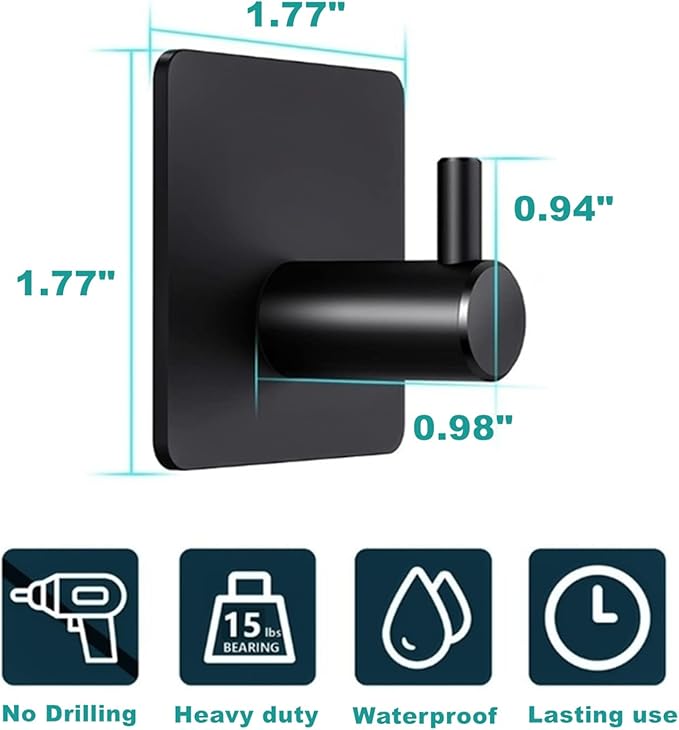 Adhesive Hooks 4 Pack Heavy Duty Stick on Wall Hooks Robe Towel Hooks Waterproof Stainless Steel Black Self Adhesive Hook for Hanging Clothes Bathroom Sticky Hooks