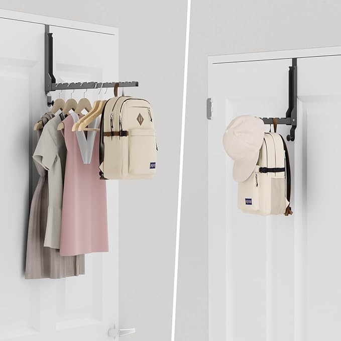 Over The Door Hangers, Over Door Hooks for Hanging, Small Space Dual Folding Portable Extra Long Over Door Clothes Hanger for Clothes, Hats, Bags and Towels (1Pack,Black(Update))