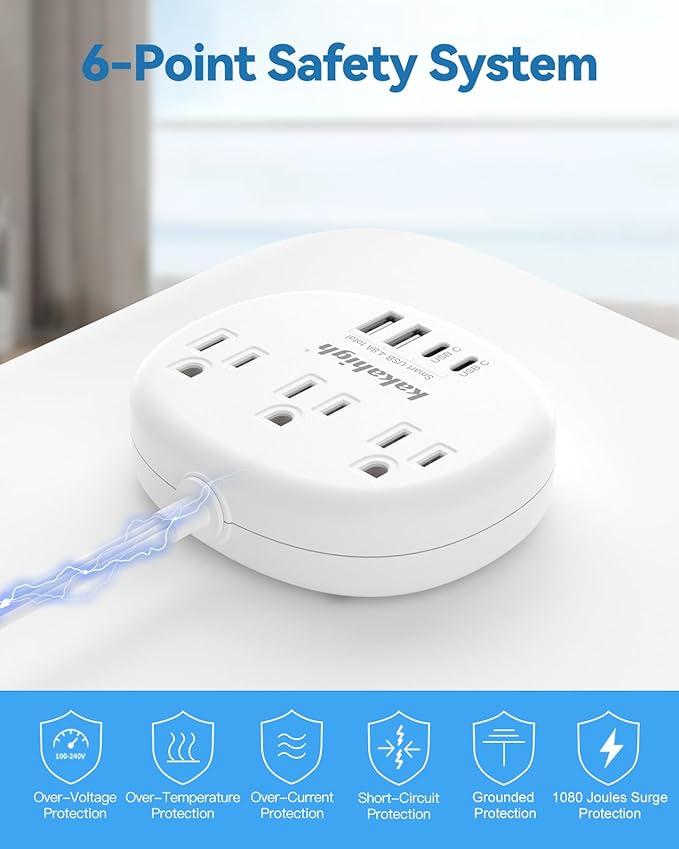 Flat Extension Cord with Outlet Cover & Cable Clips- 10 FT, 1625W Child Proof Extension Cord with 3 AC Outlet 4 USB (24W/4.8A), Flat 90 Degree Power Strip for Behind Furniture Couch Sofa TV, etc