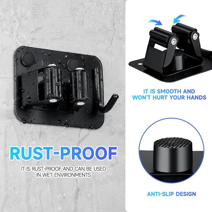 2-Pack Broom Holder with Heavy Duty Hooks, Upgraded Stainless Steel Mop Hanger. Wall Mount Utility Tool Rack for Kitchen Garden Laundry Garage. Matte Black.-NeatNest
