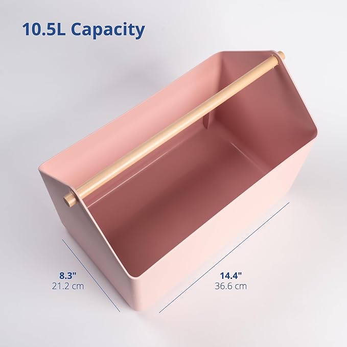 BLUE GINKGO Large Storage Basket – Plastic Caddy with Wooden Handle for Bathroom, Pantry, or Cleaning Supplies (Pink)-NeatNest