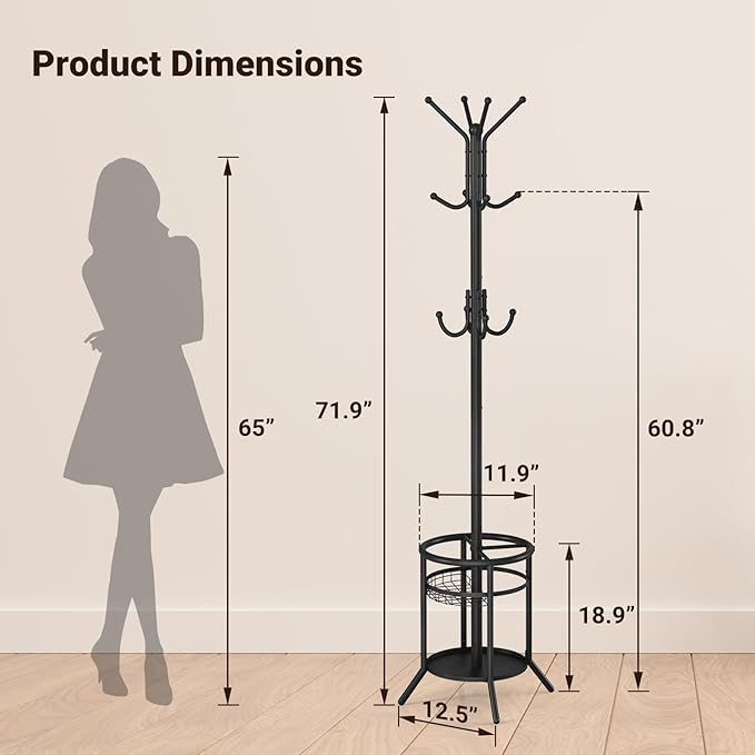 ELYKEN Coat Rack Freestanding, Metal Coat Rack Stand with Umbrella Holder, Modern Coat Tree with 12 Hooks, Floor Standing Corner Hall Tree for Entryway Living Room Bedroom Office, Black-NeatNest
