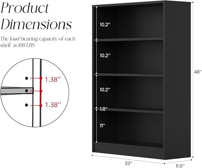 Farini 48 Inch Tall 4-Shelf Bookcase, Wood Bookshelf Storage Organizer Adjustable Shelf for Home Office, Study Room, Easy Assembly,Black