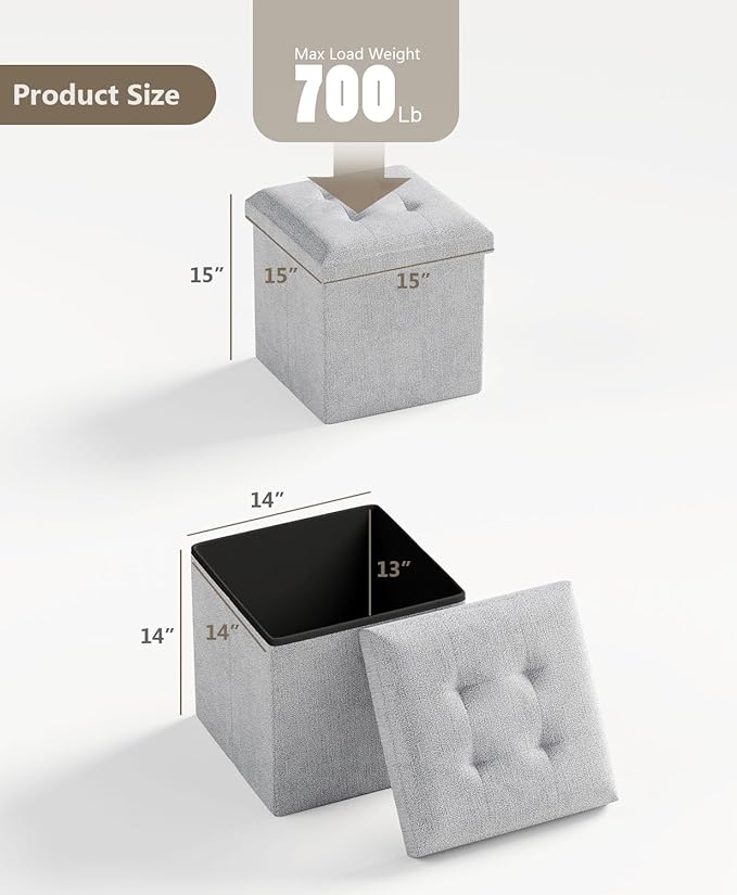 Folding Storage Ottoman Bench, Multi-Functional Ottoman Footrest, End of Bed Bench, Storage Chest for Living Room, Bedroom, Hallway, Entryway, Holds Up to 700 lbs (Light Gray, 15 Inches)