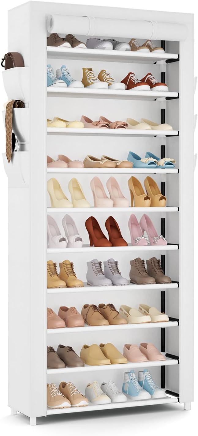 VTRIN Vertical Narrow Shoe Rack Organizer Tall Shoe Rack for Closet Entryway 10 Tier Non-Woven Cover Shoe Shelf Holds 36-41 Pairs Free Standing Shoe Storage Cabinet with Dustproof Cover, White-NeatNest