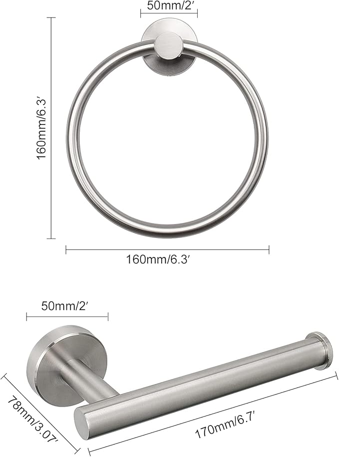 Bathroom Hardware Set 2 Pieces Towel Ring and Toilet Paper Holder 304 Stainless Steel Hand Towel Holder and Towel Hanger Wall Mounted (Brushed Nickel)