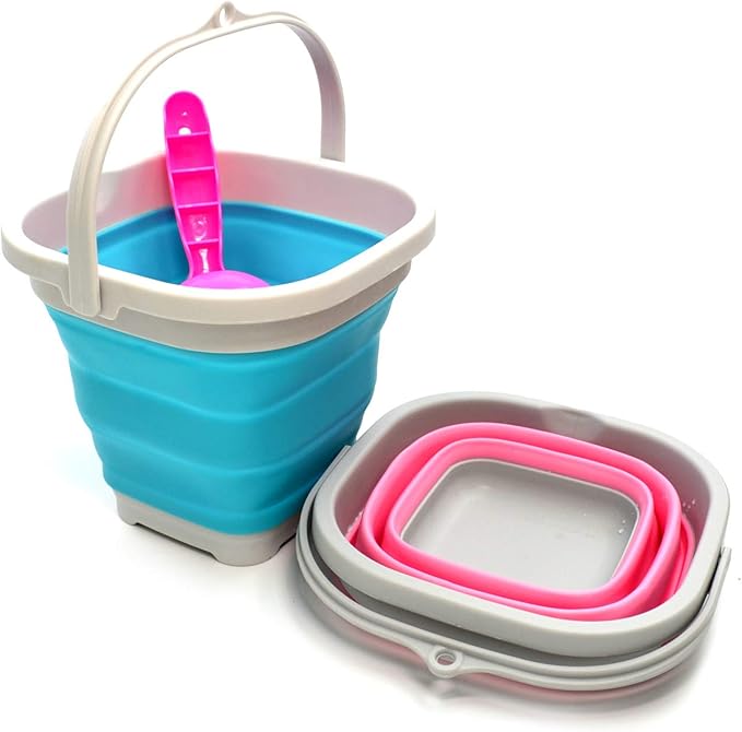 SAMMART Set of 2-2.6L (0.68 Gallon) Super Mini Sqare Collapsible Plastic Bucket - Foldable Square Tub - Portable Fishing Water Pail - Space Saving Outdoor Waterpot (2, Pink + Bright Blue)-NeatNest