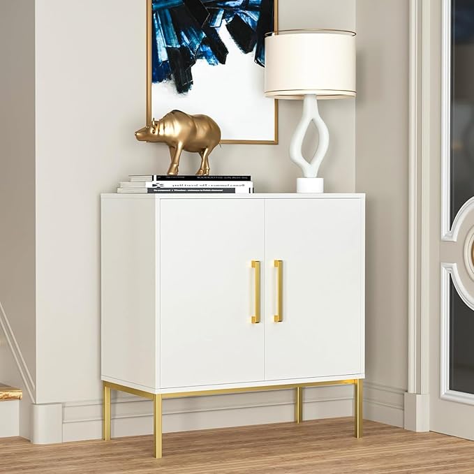 JOZZBY Buffet Sideboard Cabinet with Storage, Modern Wooden Cabinet with Adjustable Shelves, White and Gold Cabinets for Living Room, Kitchen, Hallway