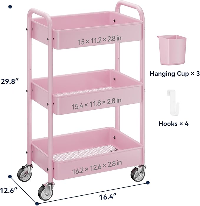 YASONIC 3-Tier Metal Rolling Cart, Heavy Duty Utility Cart with Lockable Wheels, Hanging Cups, Hooks, Mesh Rolling Storage Cart Craft Organizer, Lightweight and Sturdy, Pink