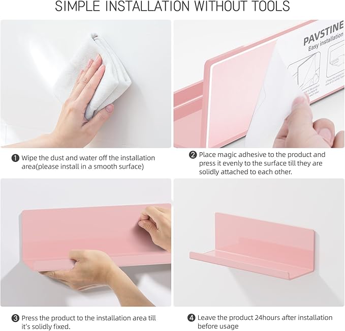 Adhesive Floating Shelves for Wall No Drilling, 12 Inch Acrylic Self Adhesive Shelves, Stick on Shelves, Dorm Wall Shelf, for Bathroom, Kitchen, Bedroom, Office, Gaming Room, Pink