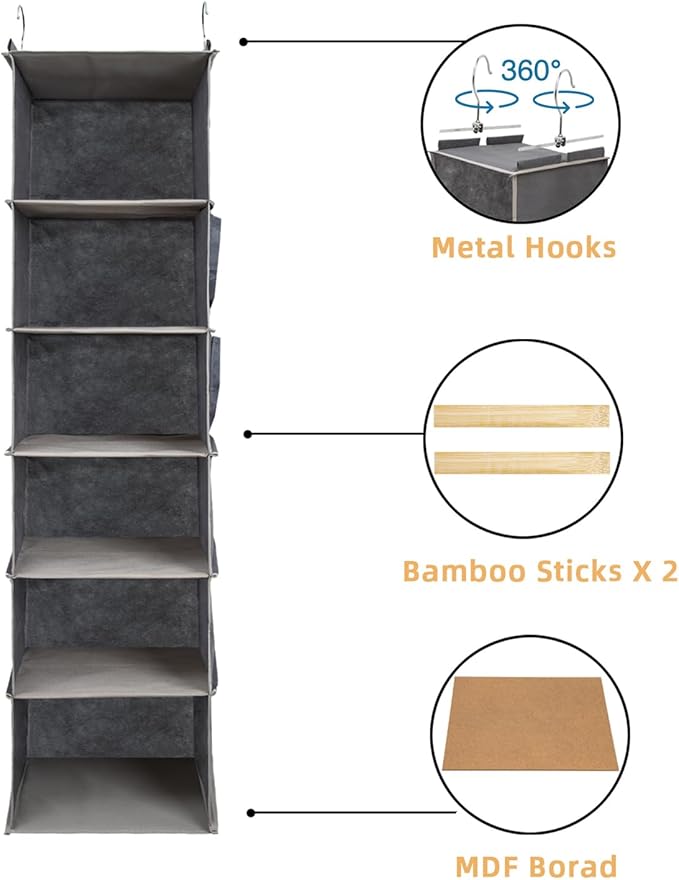2 Packs Hanging Closet Organizer, 6-Shelf Closet Organizers and Storage with Side Pockets, Collapsible Hanging Shelves for Closet & RV & College Dorm,Grey-NeatNest