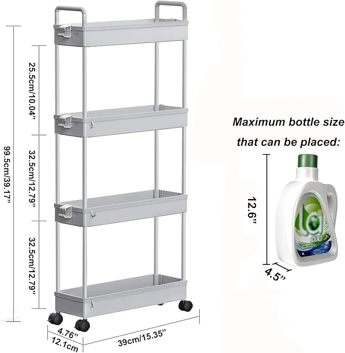 SOLEJAZZ Slim Rolling Storage Cart with Wheels 4 Tier Skinny Bathroom Storage Organizer Narrow Shelf Unit Thin Laundry Room Utility Cart for Bedside Kitchen Office Next to Fridge Small Places, Gray