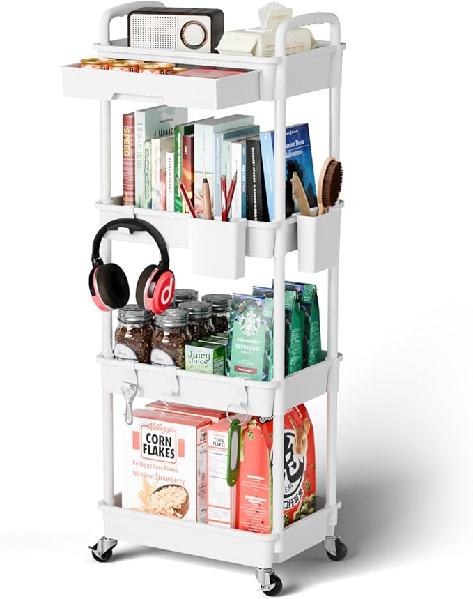 4 Tier Rolling Cart Organizer,Art Craft Diaper Bedside Snack Laundry Room Bathroom Organizer Narrow Thin Slim Rolling Trolley Utility Cart with Wheels for Kitchen,Office(White)-NeatNest