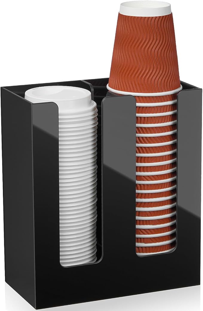 MYITYARD Coffee Cup Holder, Cup and Lid Organizer fits 5 to 16 oz Disposable Paper & Plastic Cups, Cup Dispenser Countertop, Coffee Bar Accessories for Bathroom, Kitchen, Office (2 Compartment)