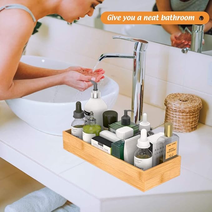 Bathroom Vanity Tray Organizer Bamboo, Small Wood Tray for Bathroom Counter Kicthen Drawer, Rectangular Toilet Paper Storage Basket Box, Guest Sink Tray Decor, Bathroom Accessories 15" x 6" x 2.5"-NeatNest