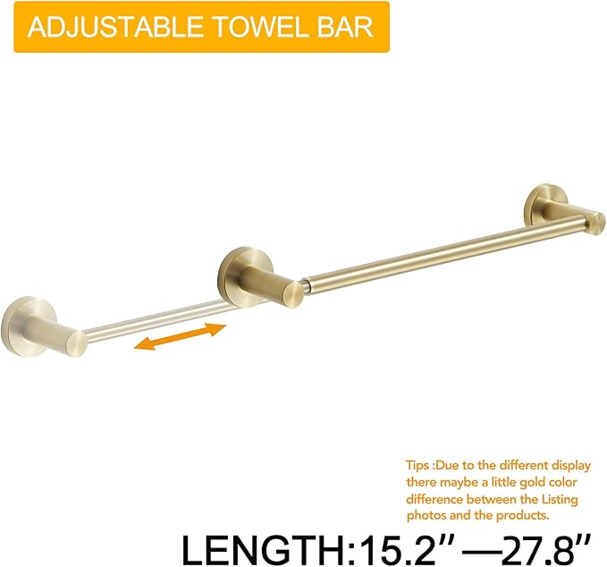 BESy Adjustable 15 to 26 Inch Single Bath Towel Bar for Bathroom SUS304 Stainless Steel Towel Holder, Wall Mount with Screws Hand Towel Bar Rod Hotel Style, Brushed Gold-NeatNest