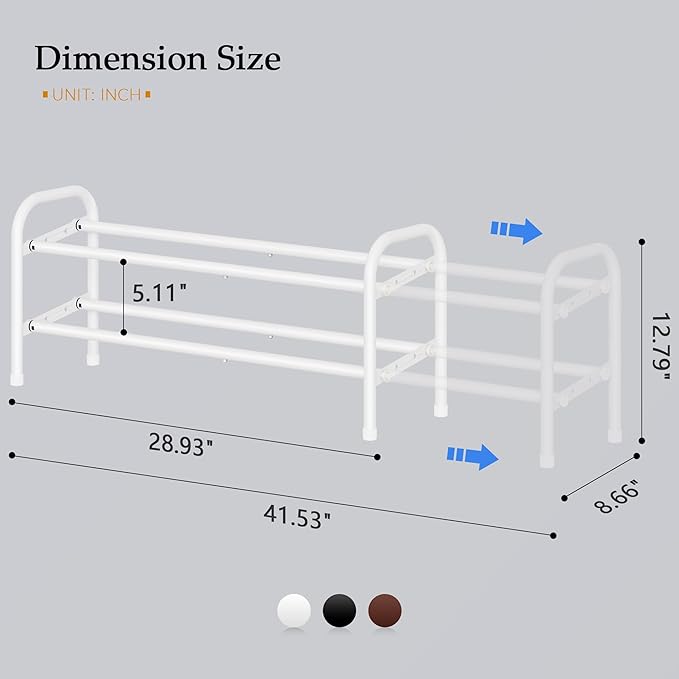 Shoe Rack 2 Tier,41.53'' Adjustable Metal Shoe Organizer for Closet, Bedroom, Entryway,Holds Up to 12 Pairs Shoes,Expandable,White-NeatNest