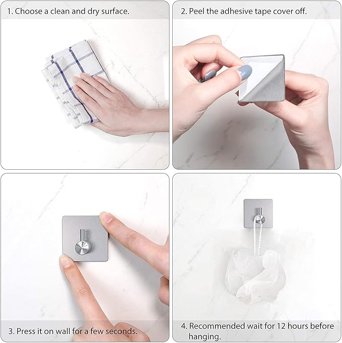 Adhesive Hooks Heavy Duty Wall Hooks Waterproof Stainless Steel Hooks for Hanging Coat, Hat,Towel Robe Hook Rack Wall Mount- Bathroom and Bedroom