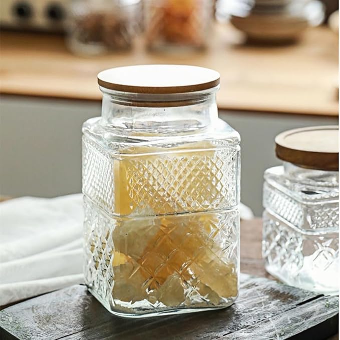 ANSQU Square Glass Jar, Candy Jar with Lid, Glass Food Storage Containers for Ground Coffee, Tea, Sugar, Decorative Mason Jar (Transparent, 61oz)