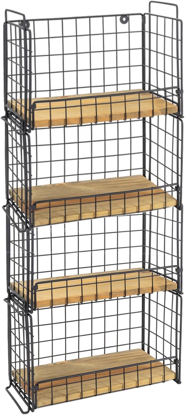TIEYIPIN 2-Tier Stackable Metal Wire Hanging Baskets, Fruit Basket,Snack Station for Countertop, Coffee Bar Storage Organizer with Detachable Wooden Base, Rustic Farmhouse Counter Shelf - Black